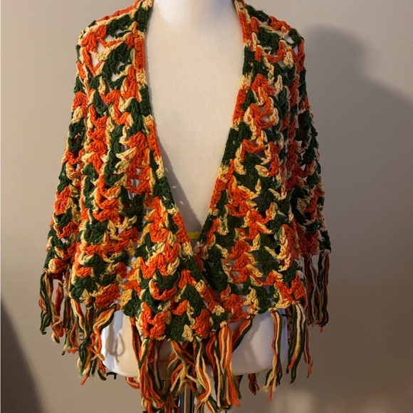 Handmade Vintage Crochet Boho Triangle Shawl Tassel Scarf 70's Green Gold Retro - Picture 2 of 6